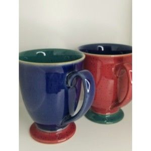 Denby England Tea Coffee Mugs Set of 2 Red & Blue Harlequin Footed